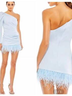 Ieena for MacDuggal One-Shoulder Feather Hem Blue ElDress Style 11440 Size 6 NWT